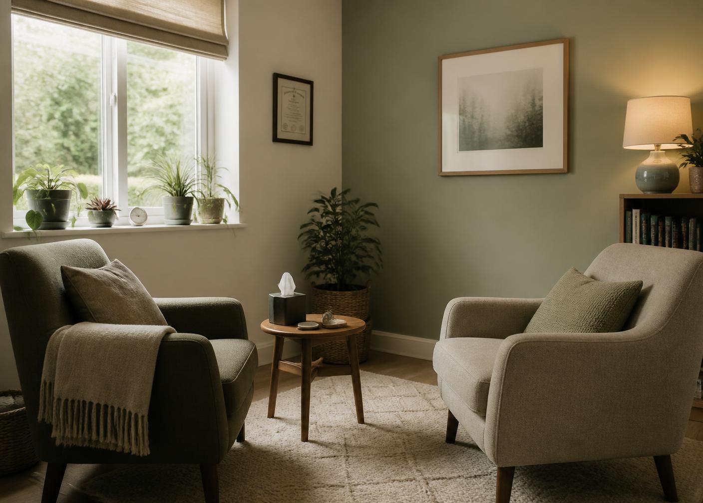The therapy office: two armchairs facing each other, a window with plants, warm daylight